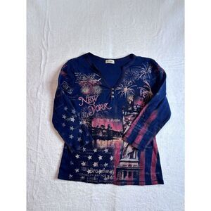 Y2K Cactus Henley New York Big Apple Fireworks Blue Long Sleeve Shirt Womens M *